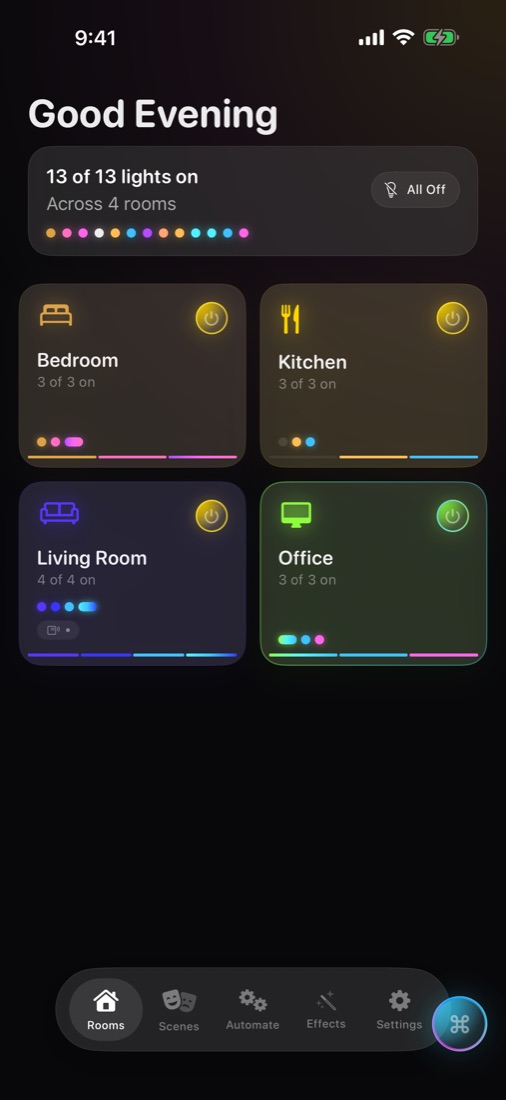 Command's Rooms screen: 13 of 13 lights on across Bedroom, Kitchen, Living Room and Office