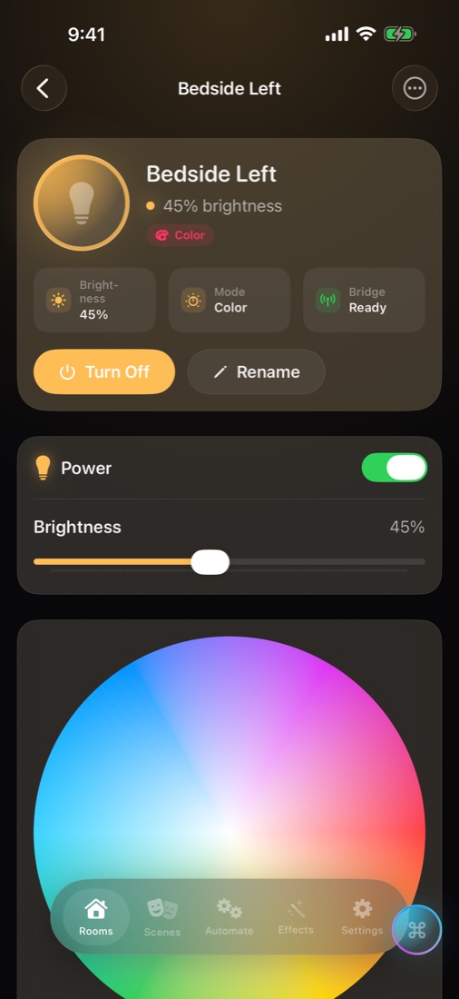 Command's light control screen with a colour picker